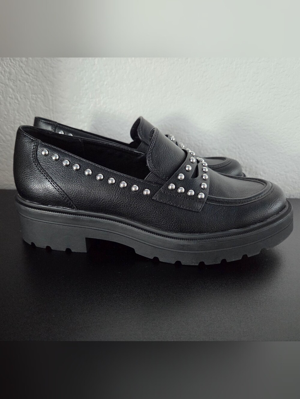 Black Chunky Loafer Slip On Shoes Silver Stud MIA Size 8 Dark Academia